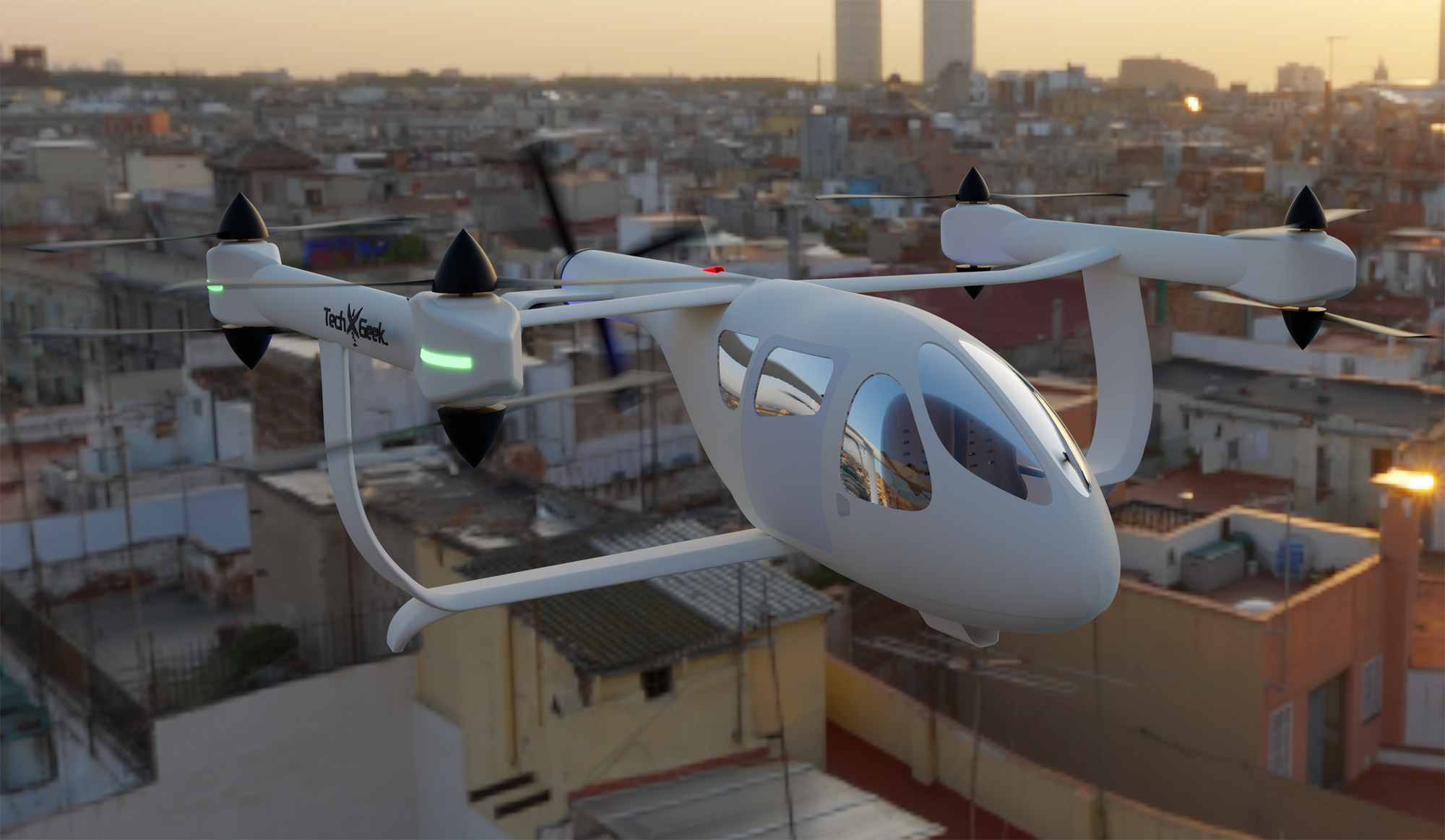TechXGeek Maria eVTOL passenger aircraft flying over city TechXGeek Maria eVTOL passenger aircraft flying over city